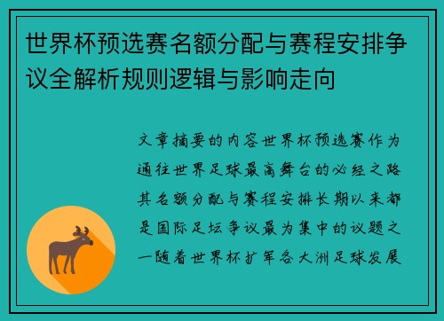世界杯预选赛名额分配与赛程安排争议全解析规则逻辑与影响走向